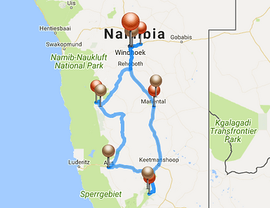 9-day Safari Map Namibia